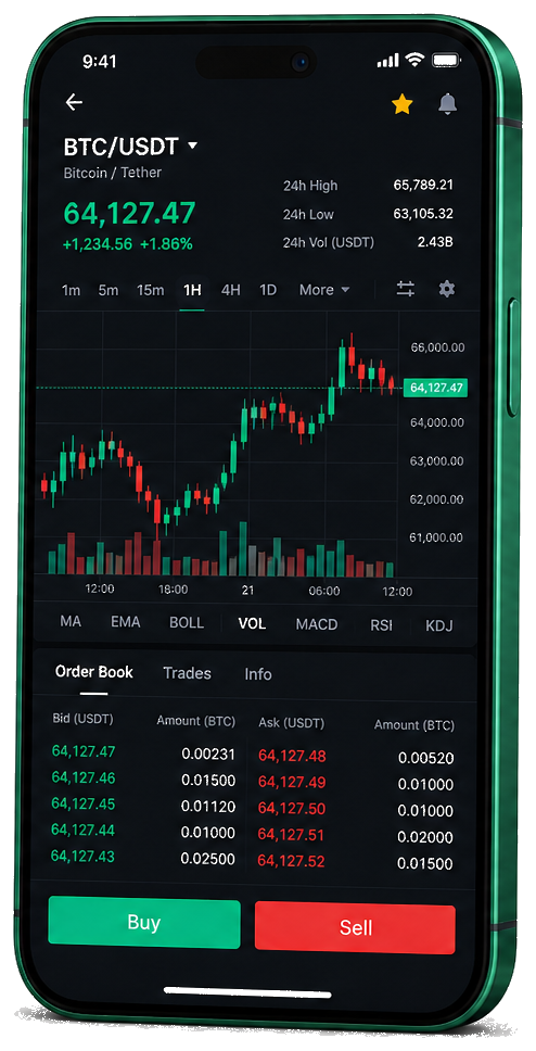 RovenalixPro piattaforma di trading mobile: grafico BTC/USDT in tempo reale, registro ordini e interfaccia di acquisto/vendita